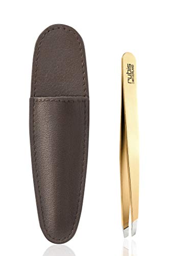 Rubis Pinzas de acero inoxidable oblicuo doradas – Pinzas de cejas con estuche marrón