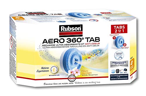 Rubson AERO 360° - Recambio de tabs de perfume de flores silvestres, recambios para absorbentes de humedad, ultra absorbentes y antiolores, recarga para deshumidificador, 4 x 450 g