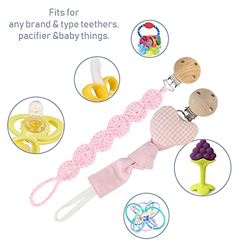 RUBY 2PCS Cadena Chupete Bebe Kit Portachupete Bebe Set Porta Chupetes Ganchillo,Chupetero Tela con Pinza Chupetero de Madera de Haya Natural,Regalo Bebe(Amor-2)