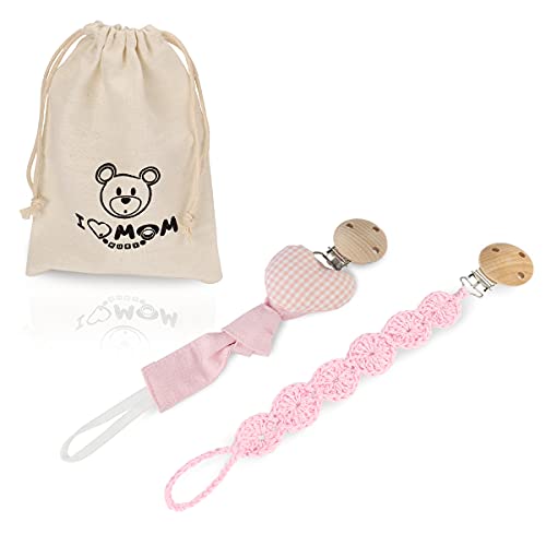 RUBY 2PCS Cadena Chupete Bebe Kit Portachupete Bebe Set Porta Chupetes Ganchillo,Chupetero Tela con Pinza Chupetero de Madera de Haya Natural,Regalo Bebe(Amor-2)