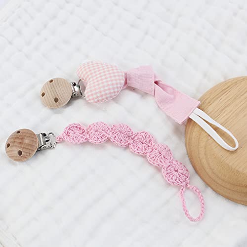 RUBY 2PCS Cadena Chupete Bebe Kit Portachupete Bebe Set Porta Chupetes Ganchillo,Chupetero Tela con Pinza Chupetero de Madera de Haya Natural,Regalo Bebe(Amor-2)