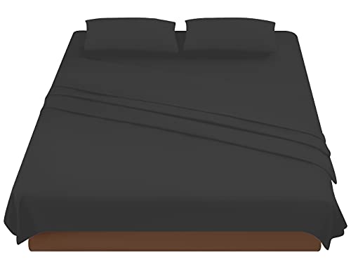 Sabanas Cama 180 Negro, Juego Sábanas 180x190 4 Piezas con Bajera 180x200 Ajustable, Encimera y 2 Funda de Almohada 50x80 cm