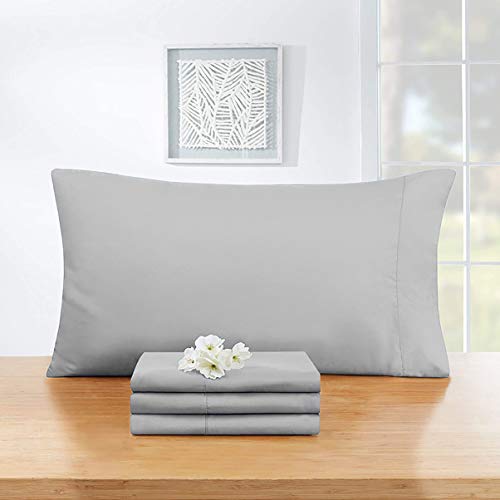 SaDiao Juego de Ropa de Cama de 4 Piezas, Suave Microfibra cepillada, Bolsillos Profundos con sábana Bajera, Hoja Plana con 2 Fundas de Almohada, Pliegues, Antimanchas (137cm×190cm, Gris)