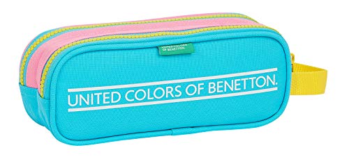 Safta 812153513 Estuche portatodo doble 2 cremalleras escolar UCB Benetton, Rosa/Turquesa/Amarillo, 21 cm x 8 cm x 6cm (M513)