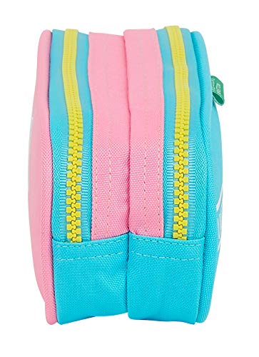 Safta 812153513 Estuche portatodo doble 2 cremalleras escolar UCB Benetton, Rosa/Turquesa/Amarillo, 21 cm x 8 cm x 6cm (M513)