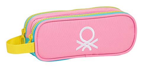 Safta 812153513 Estuche portatodo doble 2 cremalleras escolar UCB Benetton, Rosa/Turquesa/Amarillo, 21 cm x 8 cm x 6cm (M513)