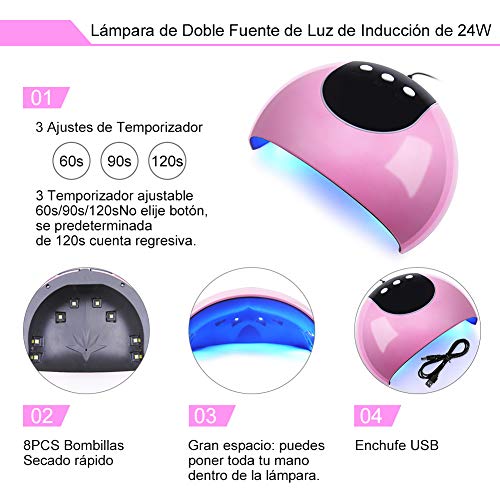 Saint-Acior Kit Uñas Semipermanentes En Gel 10 Colores De Gran Capacidad De 8ML Lámpara de Uñas LED/U-V 24W Top Base Gel Manicura/Pedicura Nail Art