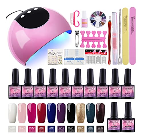 Saint-Acior Kit Uñas Semipermanentes En Gel 10 Colores De Gran Capacidad De 8ML Lámpara de Uñas LED/U-V 24W Top Base Gel Manicura/Pedicura Nail Art
