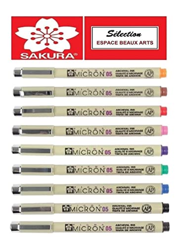 Sakura Pigma Micron 05, Juego de rotuladores de 9 colores: negro, naranja, marrón, rojo, rosa, verde, morado, azul, sepia