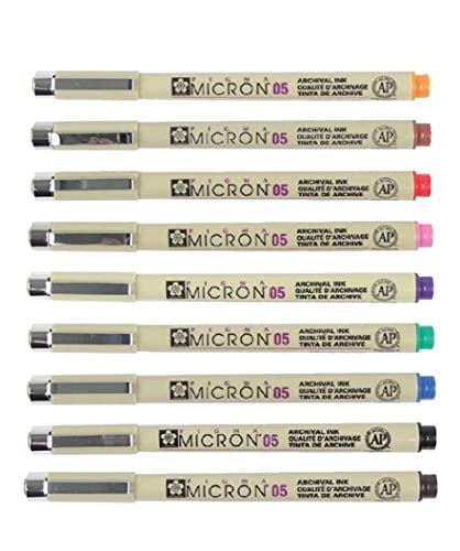 Sakura Pigma Micron 05, Juego de rotuladores de 9 colores: negro, naranja, marrón, rojo, rosa, verde, morado, azul, sepia