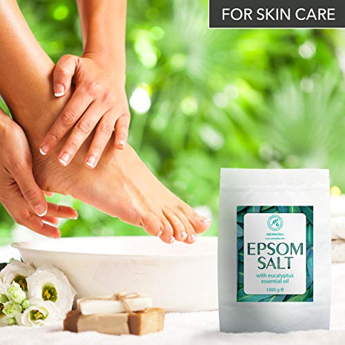 Sal Inglesa de Baño con Aceite Esencial de Eucalipto - 3kg - Sal de Epsom - Cristales de Sulfato de Magnesio para Aliviar el Dolor Muscular - Cuidado de la Piel - Relajación Muscular - Buen Sueño