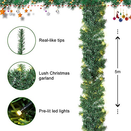 SALCAR Guirnalda de Navidad Verde, Guirnalda de Abeto Decoradas 200 Luces LED para Chimeneas Escaleras Puertas, 5m