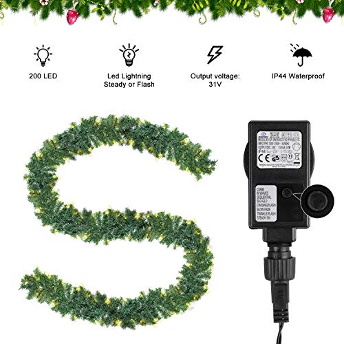 SALCAR Guirnalda de Navidad Verde, Guirnalda de Abeto Decoradas 200 Luces LED para Chimeneas Escaleras Puertas, 5m