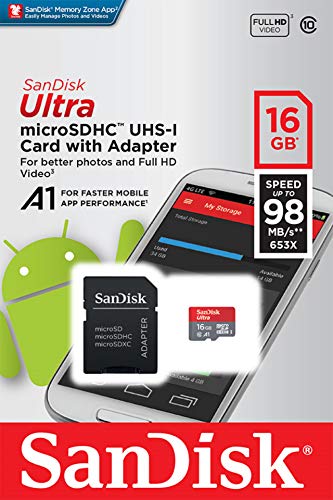SanDisk Ultra Tarjeta de memoria microSDHC con adaptador SD, hasta 98 MB/s, rendimiento de apps A1, Clase 10, U1, 16 GB, Gris/ Rojo
