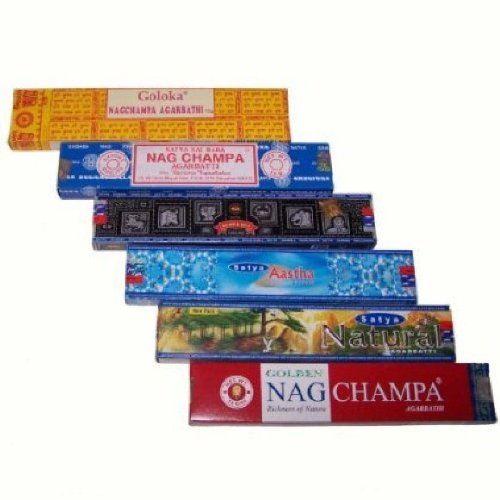 Satya Nag Champa - Incienso, 6 fragancias – Nag Champa, Superhit, Natural, Golden Nag Champa, Aastha, Goloka