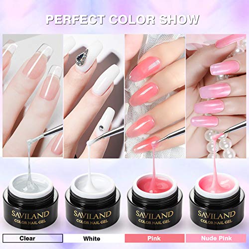 Saviland Gel Uñas Gel Constructor Uñas Kit – 4 Colores Kit De Extensión De Uñas De Gel Fortalecer Claro Rosa Blanco Nude Rosa Hard Gel Nail Art Manicura Set Con 100 Piezas Formas De Uñas Pincel