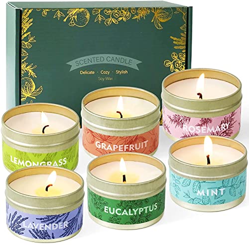 SCENTORINI 6 Velas Perfumadas con Aceite Essencial Aromaterapia 100% Cera de Soja Set de Regalo, Cítricas, Lavanda, Limonero, Rosmarino Menta y Eucalipto, Duración Total 102h