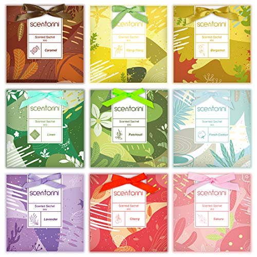 SCENTORINI 9 bolsitas de Fragancia de 30 g para cajones, armarios, Cereza, algodón Fresco, pachulí, Caramelo, Sakura, bergamota, Lavanda, Lino, ylang-ylang