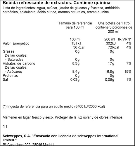 Schweppes Tónica Original, Bebida Refrescante - Botella PET 1L - Pack de 6