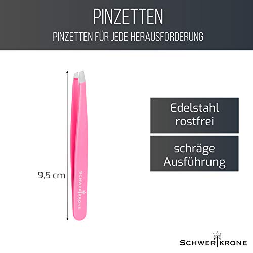 Schwertkrone Pinza profesional de acero inoxidable, 9,5 cm, punta oblicua para depilar las cejas (rosa fucsia)