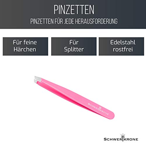 Schwertkrone Pinza profesional de acero inoxidable, 9,5 cm, punta oblicua para depilar las cejas (rosa fucsia)