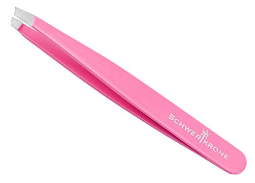 Schwertkrone Pinza profesional de acero inoxidable, 9,5 cm, punta oblicua para depilar las cejas (rosa fucsia)