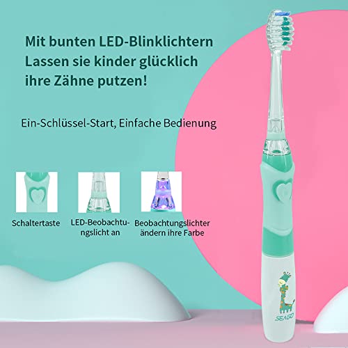 SEAGO Cepillo de dientes eléctrico para niños a partir de 3 – 12 años, cepillo de dientes eléctrico con luz de colores, temporizador inteligente 3 cabezales suaves SG-977 (verde)