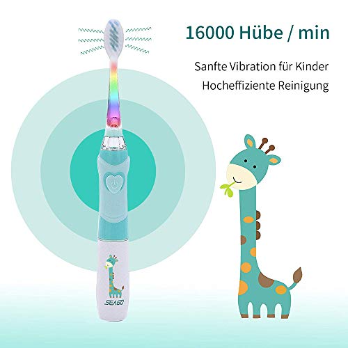 SEAGO Cepillo de dientes eléctrico para niños a partir de 3 – 12 años, cepillo de dientes eléctrico con luz de colores, temporizador inteligente 3 cabezales suaves SG-977 (verde)
