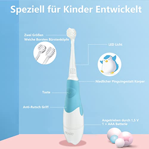 SEAGO SG-513 Cepillo Electrico Infantil y Bebe 0 a 3 Años, Cepillos de Dientes Electricos Niños Infantiles con LED Luces, 2 min Temporizador inteligente, 4 Cabezales Intercambiables (Azul)
