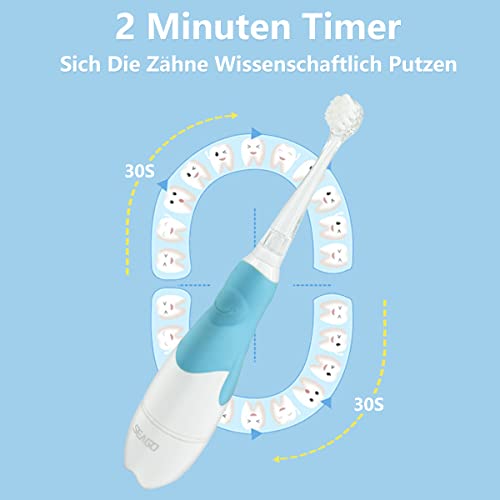 SEAGO SG-513 Cepillo Electrico Infantil y Bebe 0 a 3 Años, Cepillos de Dientes Electricos Niños Infantiles con LED Luces, 2 min Temporizador inteligente, 4 Cabezales Intercambiables (Azul)