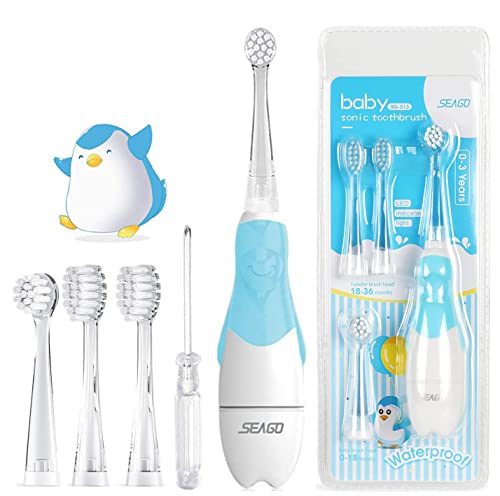 SEAGO SG-513 Cepillo Electrico Infantil y Bebe 0 a 3 Años, Cepillos de Dientes Electricos Niños Infantiles con LED Luces, 2 min Temporizador inteligente, 4 Cabezales Intercambiables (Azul)