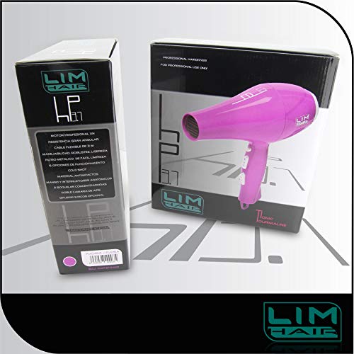 Secador de cabello LIM HAIR hp3.7 IONIC TOURMALINE 2000 W. COLD SHOT. Diseñado para uso profesional en salón de peluquería. 2 boquillas incluidas (FUCSIA)