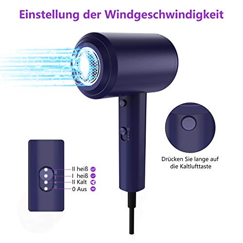 Secador de pelo con difusor de boquilla, 1800 W, iones de litio, ligero y pequeño secador de pelo con nivel constante, motor CC, temperatura ajustable, control de velocidad para viajes y familias
