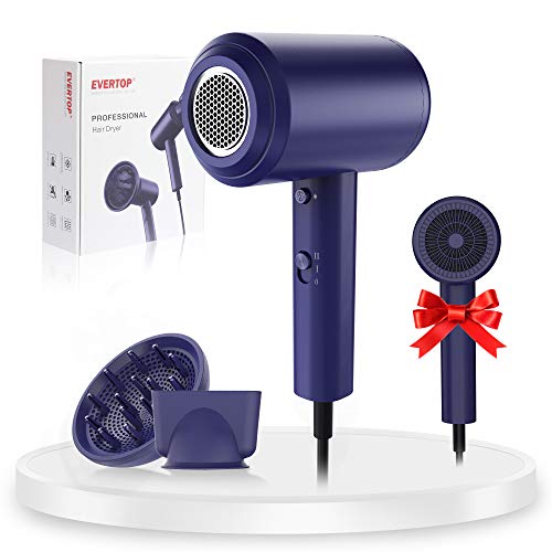 Secador de pelo con difusor de boquilla, 1800 W, iones de litio, ligero y pequeño secador de pelo con nivel constante, motor CC, temperatura ajustable, control de velocidad para viajes y familias
