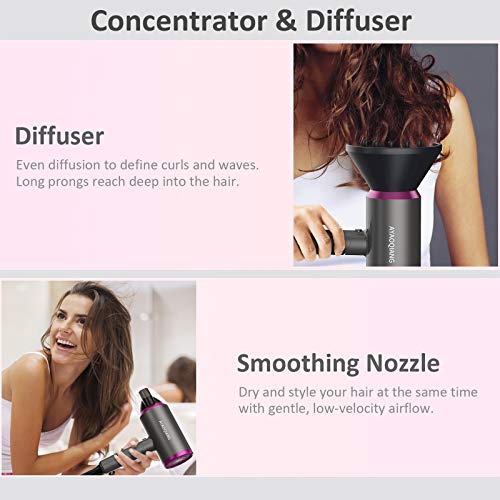 Secador de pelo Iónico, 1800w Profesional Secador con difusor, 3 ajustes de calor, concentradores para muchos peinados, pequeño y silencioso, para viajes y familias