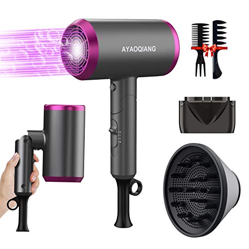 Secador de pelo Iónico, 1800w Profesional Secador con difusor, 3 ajustes de calor, concentradores para muchos peinados, pequeño y silencioso, para viajes y familias
