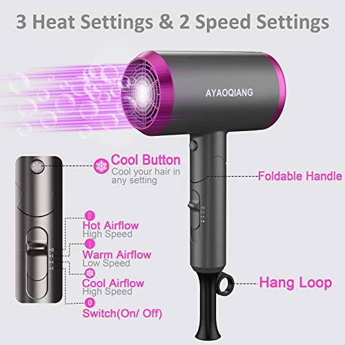 Secador de pelo Iónico, 1800w Profesional Secador con difusor, 3 ajustes de calor, concentradores para muchos peinados, pequeño y silencioso, para viajes y familias