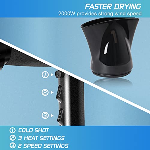 Secador de Pelo Iónico 2000 W, Ligero Secador Pelo de Pie con Boquilla Giratoria de 360 ​​° , 2 Velocidades, 3 Configuraciones de calor, Secador Pelo para Salón en Casa y Viajes (Negro - Soporte)