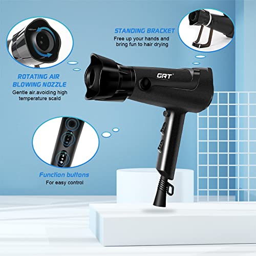 Secador de Pelo Iónico 2000 W, Ligero Secador Pelo de Pie con Boquilla Giratoria de 360 ​​° , 2 Velocidades, 3 Configuraciones de calor, Secador Pelo para Salón en Casa y Viajes (Negro - Soporte)