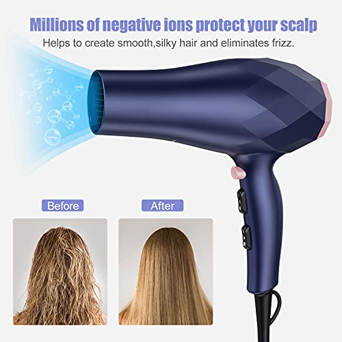 Secador de Pelo Profesional, Secador Iónico de 2200W con Peine, Boquilla Concentradora de Aire y Difusor, Thermoprotect 2 Velocidades y 3 Temperaturas, Botón de Aire Frío (Azul)