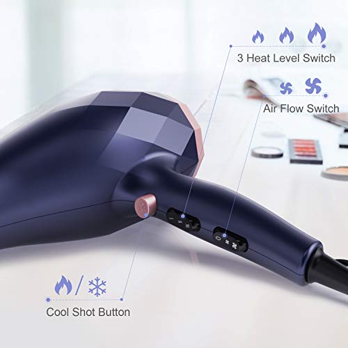 Secador de Pelo Profesional, Secador Iónico de 2200W con Peine, Boquilla Concentradora de Aire y Difusor, Thermoprotect 2 Velocidades y 3 Temperaturas, Botón de Aire Frío (Azul)