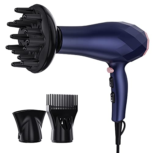 Secador de Pelo Profesional, Secador Iónico de 2200W con Peine, Boquilla Concentradora de Aire y Difusor, Thermoprotect 2 Velocidades y 3 Temperaturas, Botón de Aire Frío (Azul)