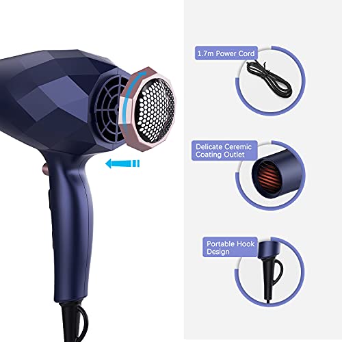 Secador de Pelo Profesional, Secador Iónico de 2200W con Peine, Boquilla Concentradora de Aire y Difusor, Thermoprotect 2 Velocidades y 3 Temperaturas, Botón de Aire Frío (Azul)