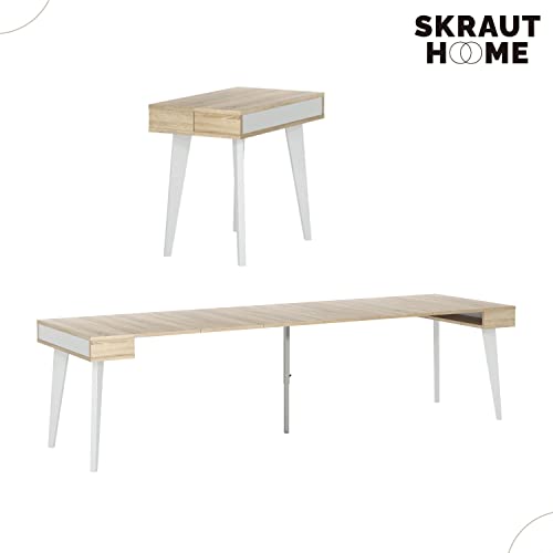 SelectionHome - Mesa de Comedor, Salon, Consola Extensible, Modelo Nordic, Acabado en Color Blanco Mate y Roble Cepillado, Medidas: 54/305 cm (Largo) x 90 cm (Ancho) x 79 cm (Alto)