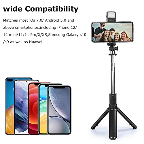 Selfie Stick Extensible con Control Remoto inalámbrico y luz de Relleno, Soporte para teléfono con trípode para grabación de Video en Vivo,Compatible con iPhone 13 Pro Max/12 Pro Max/11,Galaxy S21