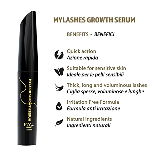 Sérum de Crecimiento de Pestañas M.Y.L. con Ácido Hialurónico y Células Madre Naturales Sérum de Pestañas Efectivo con Tratamiento Voluminizador y Espesante de Cejas Hecho en Italy - Ebook incluido