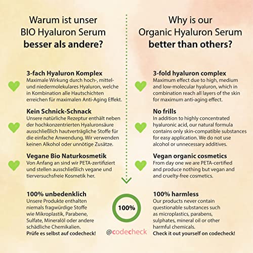 Serum Facial de Acido Hialuronico 50ml, puro orgánico y vegano - Gel altamente concentrado de Ácido Hialurónico con Aloe Vera contra las arrugas de la cara, cuello, escote - Cosmética Natural Orgánica