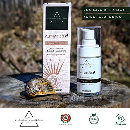 Sérum facial para contorno de ojos 98% baba de caracol y ácido hialurónico 30 ml día y noche antiarrugas antienvejecimiento nutritivo eficaz contra acné cicatrices, manchas, estrías, Made in Italy