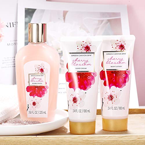 Set de Baño Mujer, Green Canyon Spa Cestas de Regalo para Mujer con Bolsa 11 Piezas Fragancia de Flor de Cerezo Loción Corporal Caja SPA Regalo Ideal para El Día de Valentín, Cumpleaños y Navidad