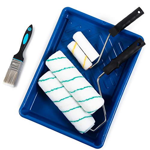 Set Definitivo de Rodillos Pintura – Rodillos para Paredes y Techos, Bandeja y Brochas Pintura, Minirrodillos, Recambio de Rodillo – Set Completo de Herramientas Bricolaje para Decoración del Hogar